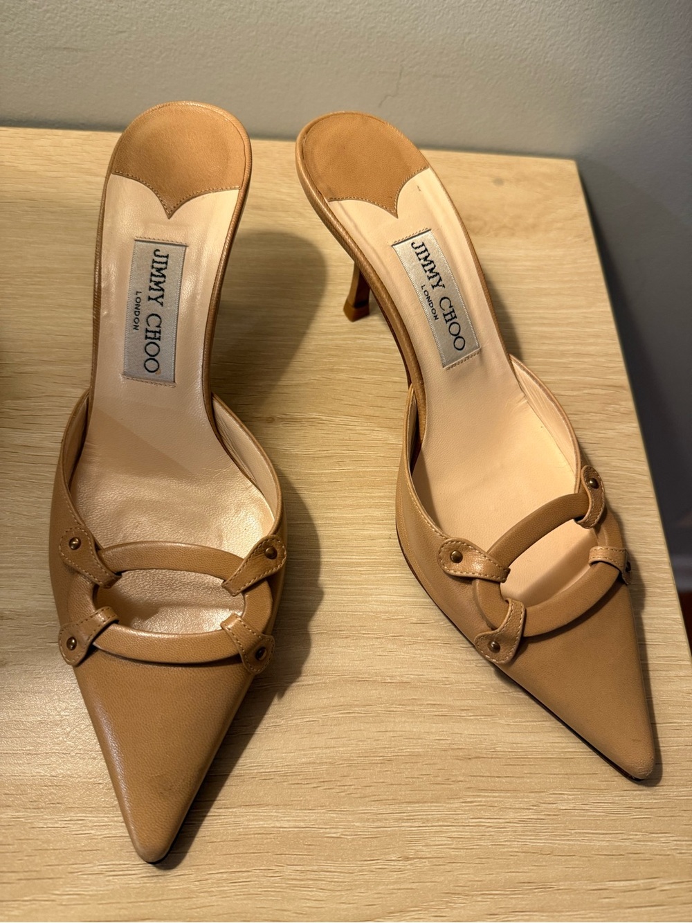 Jimmy Choo Beige/Tan Leather Pointed Mule Heels with Ring Detail